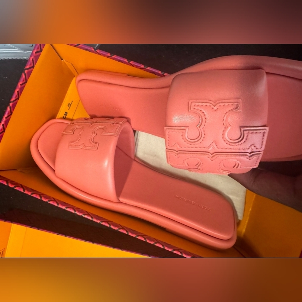NEW Tory Burch Leather Slip On Double T Sport Slide Sandals Pink Coral 10.5 - Picture 7 of 7